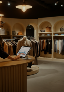 Profissional de moda circular analisando dados de vendas e estoque para entender como gerenciar brechó de forma eficiente