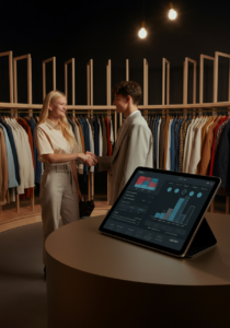 Interior de brechó moderno de alta performance mostrando gestão de estoque inteligente e inovação tecnológica sobre como atrair clientes para o brechó.